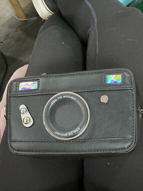Black Camera-Inspired Crossbody Bag with Holographic Accents